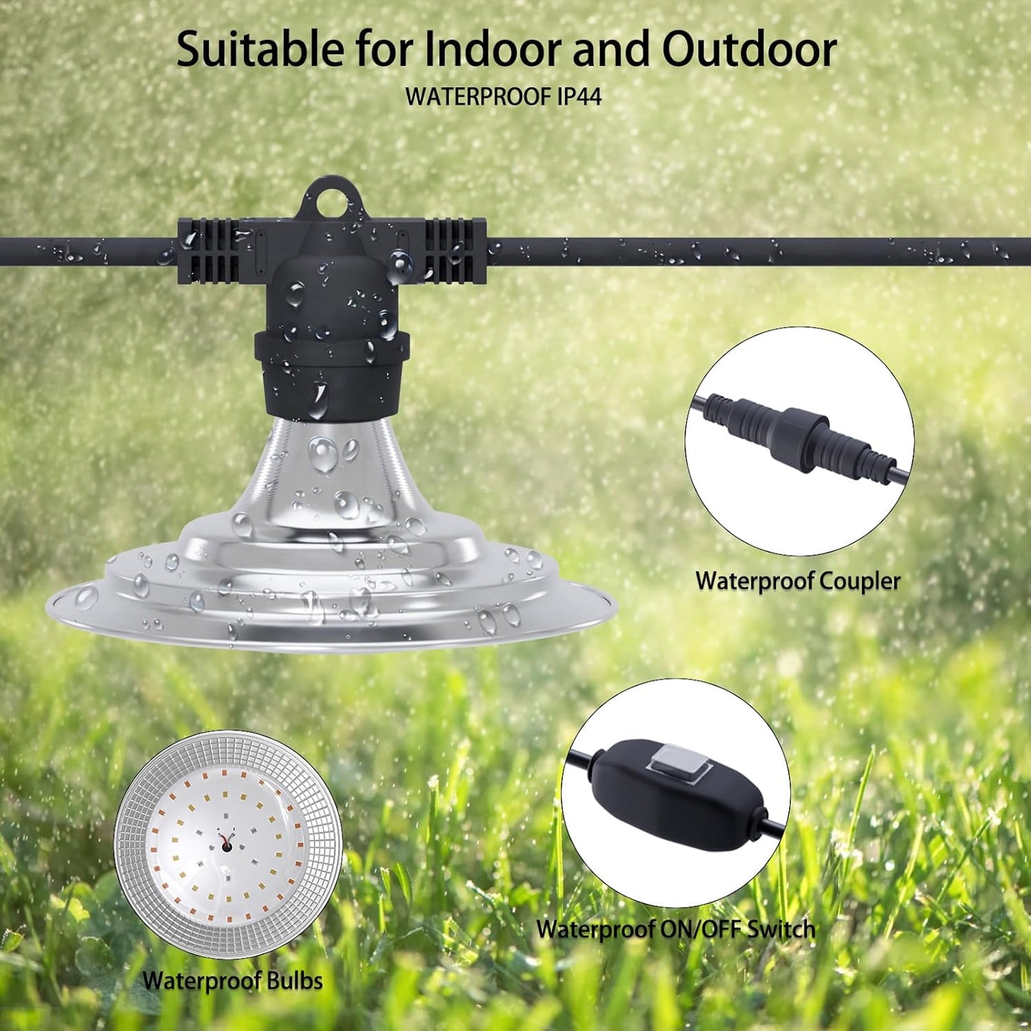 6-Light Outdoor LED Grow Lights – Waterproof Full Spectrum Greenhouse Lights for Plants, 21.3FT Adjustable String Lights with 288 LEDs E26 Base Bulbs, IP44 Waterproof for Garden, Farm, Yard