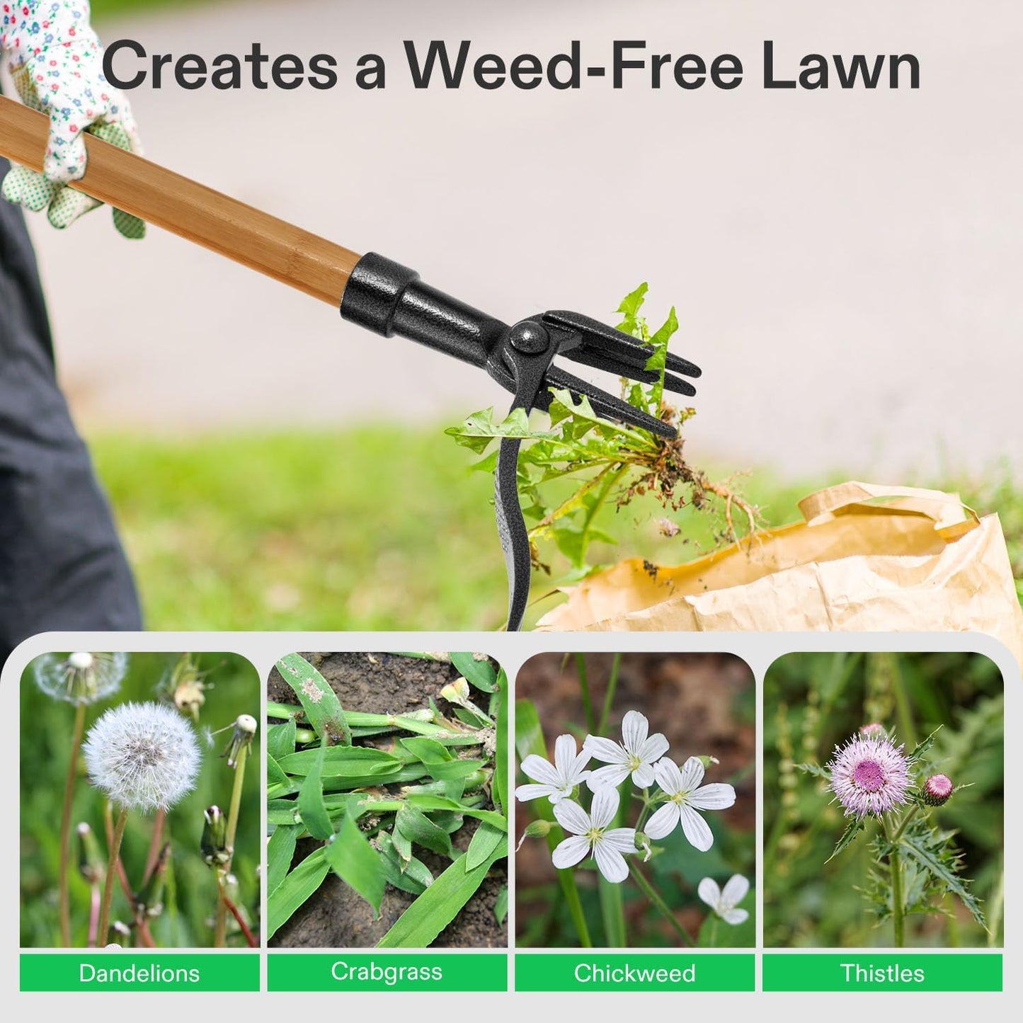 VIVOSUN 47" Weed Puller, Stand-Up Weed Puller Tool with Bamboo Handle & 4-Claw Steel Head, Sectional Pole Design, Easy Weeding Without Pulling, Bending, or Kneeling