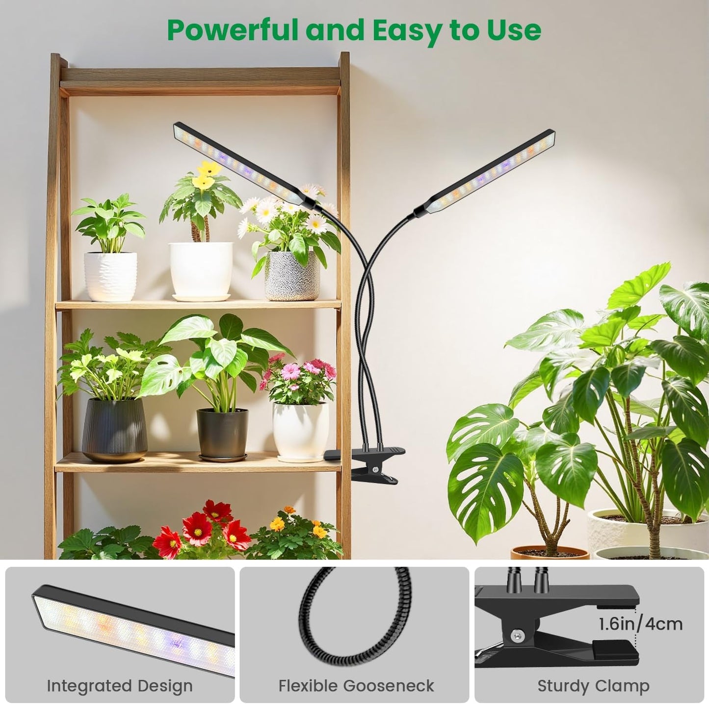 Grow Light Clip on 2 Pack, 228 LED Full Spectrum Plant Lights for Indoor Growing, 2 Head Black Arm Grow Lamp with Gooseneck, 6/12/16H Timer, 5 Dimming, 3 Light Mode