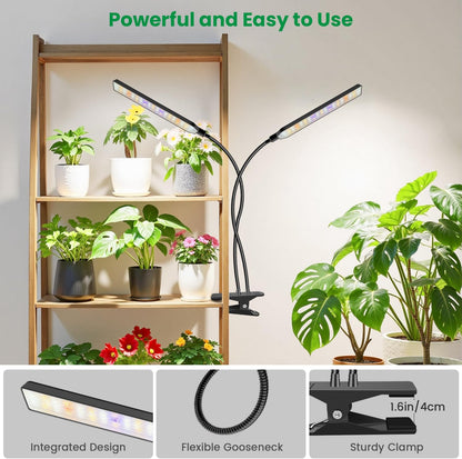 Grow Light Clip on 2 Pack, 228 LED Full Spectrum Plant Lights for Indoor Growing, 2 Head Black Arm Grow Lamp with Gooseneck, 6/12/16H Timer, 5 Dimming, 3 Light Mode