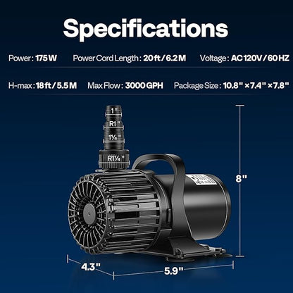 VIVOHOME Electric 175W 3000GPH Submersible Water Pump for Koi Pond Pool Waterfall Fountains Fish Tank and Aquarium