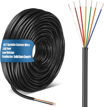 Hoolerry Solid Sprinkler System Wire 18 Gauge Irrigation Wire with UV Resistant PVC Jacket Sprinkler Cable for Underground Irrigation Field Central Control System 30v Ul Listed(18/7, 250 Ft)