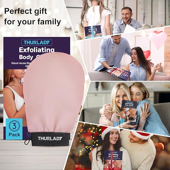 Korean Exfoliating Mitt, Exfoliating Glove, 3 Pack Viscose Fiber Body Scrub Gloves, Dead Skin Remover for Smoother Skin, Self-Tan Prep and Removal, Peach Pink Purple