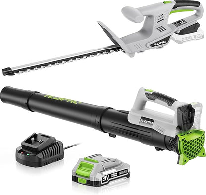Cordless Leaf Blower and Hedge Trimmer Combo 21V Ultra-Lightweight 3lbs 400CFM/130MPH Blower, 18" Blade & 5/8'' Cutting Bush Trimmer with 2.0Ah Battery and Fast Charger, Ideal for Homeowners & Seniors