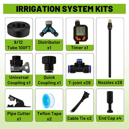 Drip Irrigation Kit - 100 FT. Hose Sprinkler System with 360° nozzles and T-connectors for Gardens, lawns, Plants, Flower beds, Trees, patios and hydroponics (Closeable nozzle-28)