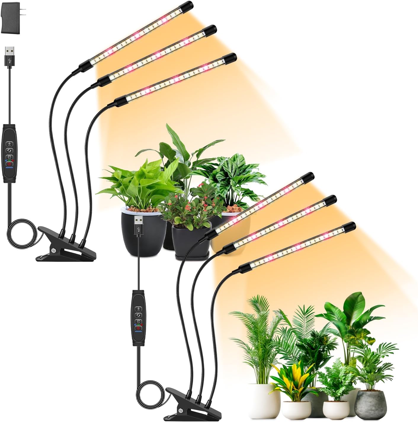 Full Spectrum LED Grow Light for Indoor Plants, 3Heads Grow Lights for Seed Starting, 10 Dimmable Levels & 3 Timer Modes (3/9/12H), Adjustable 360° Gooseneck with Clip, Plant Grow Light 2 Pack