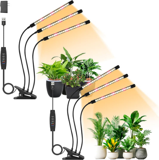 Full Spectrum LED Grow Light for Indoor Plants, 3Heads Grow Lights for Seed Starting, 10 Dimmable Levels & 3 Timer Modes (3/9/12H), Adjustable 360° Gooseneck with Clip, Plant Grow Light 2 Pack