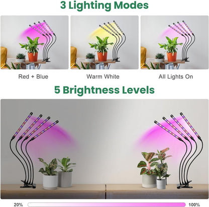 Garpsen Grow Light, 80 LEDs Full Spectrum Plant Lights for Indoor Growing with Clip, 3 Color Modes & 5 Dimming Levels Grow Lamp with Timer 6/12/16H, 360° Adjustable Gooseneck, for Indoor Plant(2Pack)