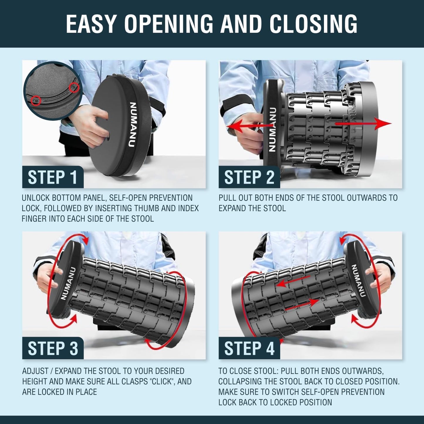 NUMANU 2025 Upgraded Collapsible Stool, 2.5"-18" Height Adjustable, Max 620lb Portable Folding Stool for Adults, Retractable Foldable Telescopic Seat Camping Chair or Footrest (1Pack Padded Seat)