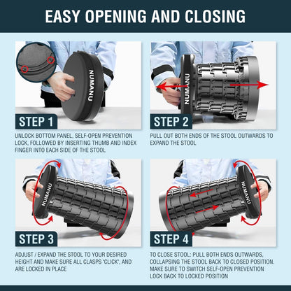 NUMANU 2025 Upgraded Collapsible Stool, 2.5"-18" Height Adjustable, Max 620lb Portable Folding Stool for Adults, Retractable Foldable Telescopic Seat Camping Chair or Footrest (1Pack Padded Seat)