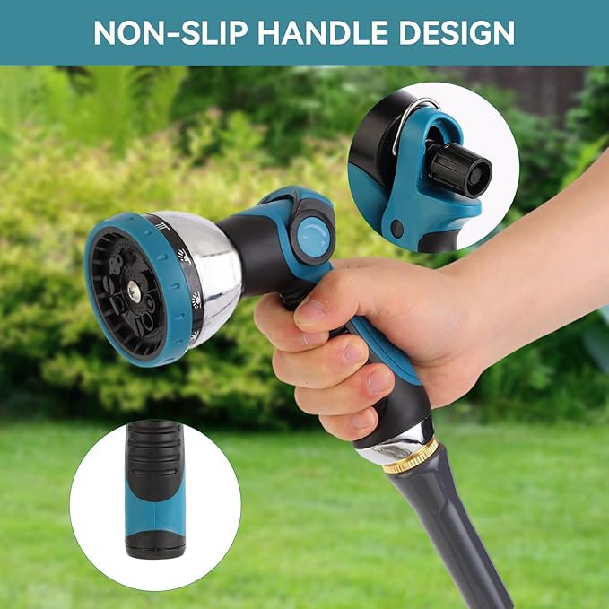 Garden Water Hose Nozzle Metal Heavy Duty Sprayer Thumb Control with 10 Spray Modes Suitable for Watering Plants, Iawn and Garden, Car Washing, Cleaning, Showering Pets and Outdoor Fun, Blue