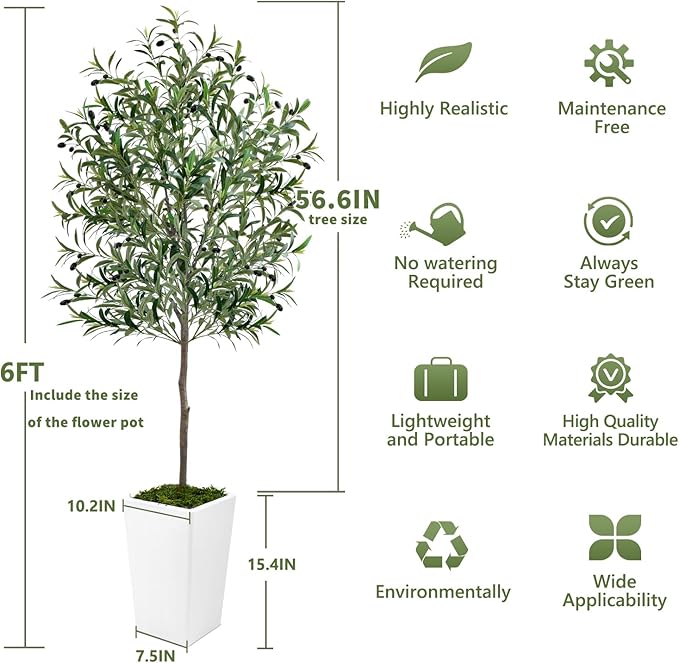 Olive Trees Artificial Indoor 6ft, Tall Faux Silk Plant with Pot, Realistic Leaves and Natural Wood Trunk Fake Trees with Lifelike Fruits for Home Office Decor Bedroom Livingroom Entryway Housewarming