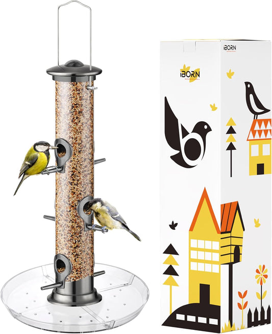 iBorn Bird Feeders Seed Catcher for Outside Hanging 6 Port Bird Feeder for Cardinal Birds Aluminium Metal,Brushed Black Nickel Finishing 14 Inch 6 Port (Seed is not Included)