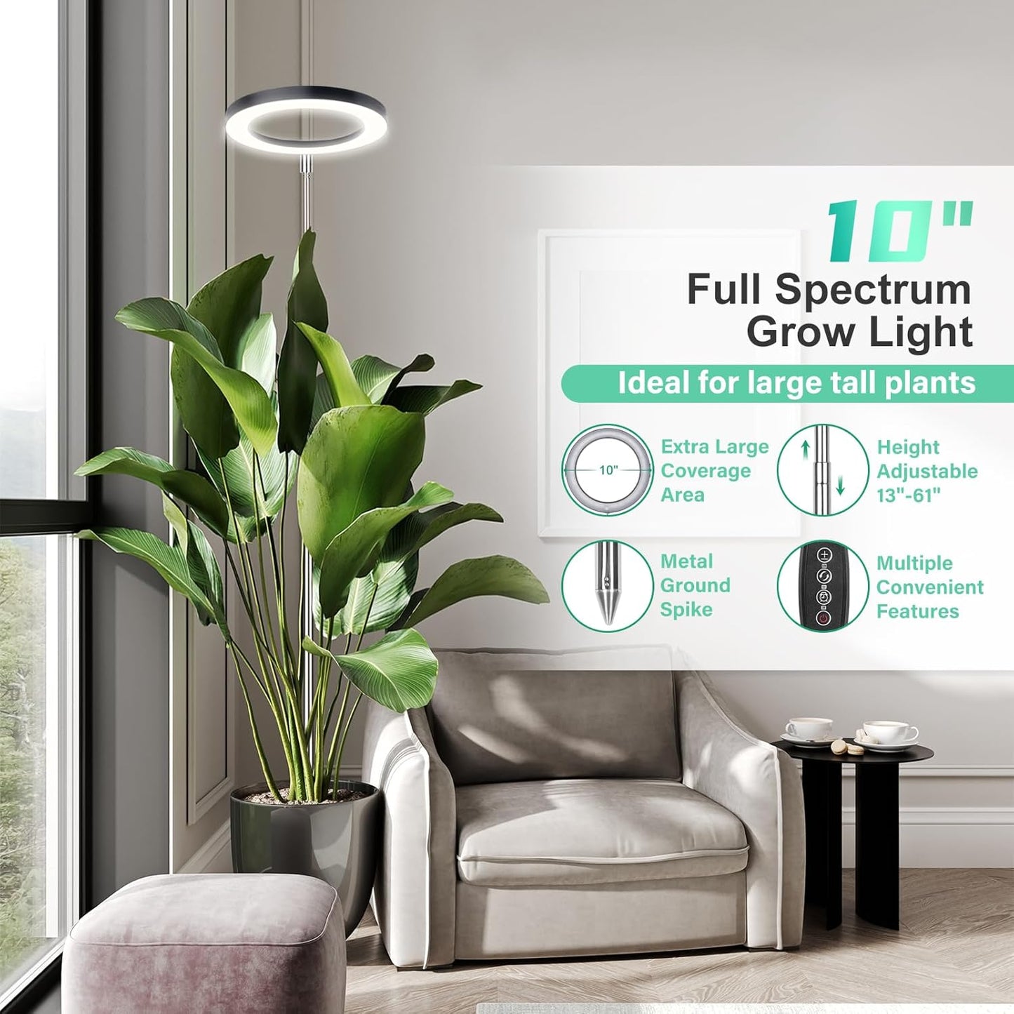 LORDEM 10" Full Spectrum Grow Light, 160 LEDs Plant Lamp for Indoor Plants, Grow Lamp with 4/8/12H Auto Timer, 10 Dimmable Levels, 3 Spectrum Modes, 65" Height Adjustable, Ideal for Large Tall Plants