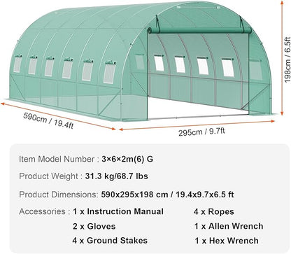 VEVOR Walk-in Tunnel Greenhouse, 19.4x9.7x6.5 ft Hoop House Greenhouse Tunnel, Plant Hot House with Galvanized Steel Frame, Green PE Cover, Roll-up Zipper Door and 12 Windows for Outdoor