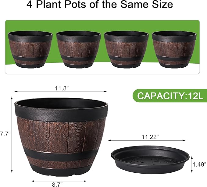 VECELO Plant Pots with Drainage Holes & Saucer, 11.3 Inch Flower Pots with Tray, 4 Pack Plastic Whiskey Barrel Planters for Indoor & Outdoor Garden Home Plants and Flowers