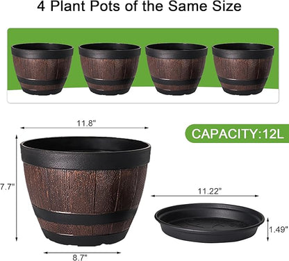 VECELO Plant Pots with Drainage Holes & Saucer, 11.3 Inch Flower Pots with Tray, 4 Pack Plastic Whiskey Barrel Planters for Indoor & Outdoor Garden Home Plants and Flowers