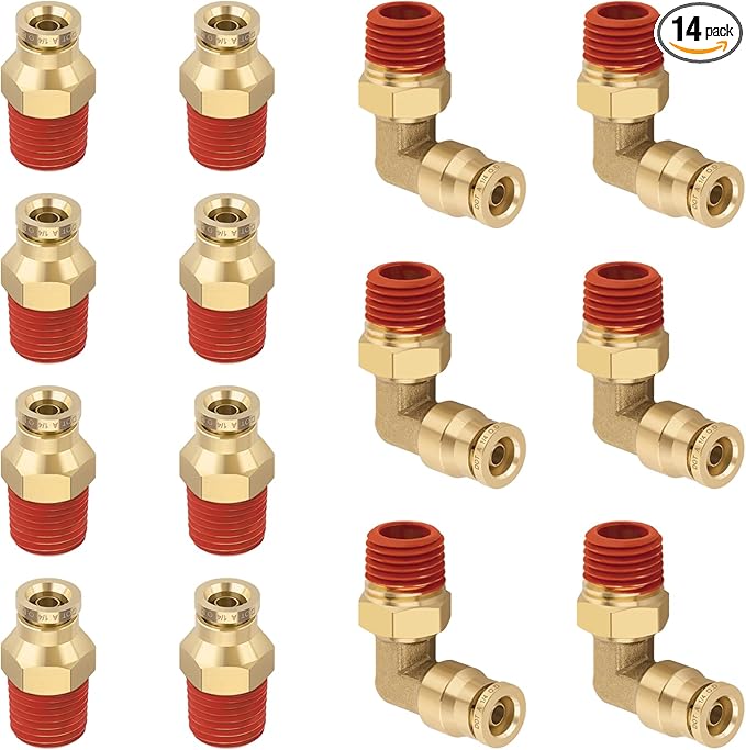1/4” Quick Push to Connect Fittings Brass Male Straight and Elbow Combination DOT Approved 1/4" Tube OD x 1/4" NPT Thread Air Brake Line Adapter Air Suspension Kit Air Hose Repair Kit 14pcs