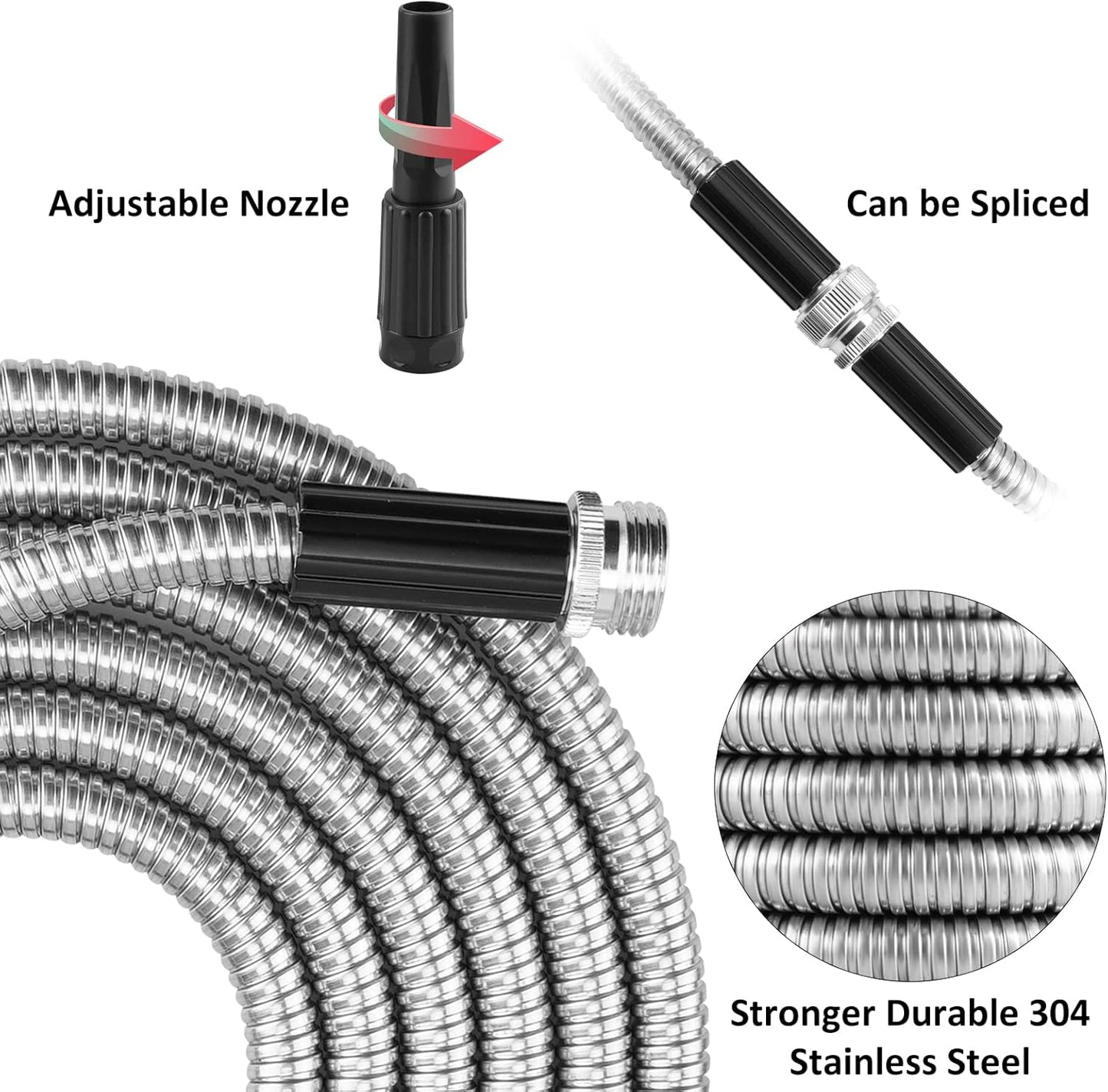 Metal Garden Hose 50ft with Super Tough and Soft Water Hose, Household Stainless Steel Hose, Durable Mighty Garden Hose with Adjustable Nozzle, No Kinks and Tangles, Easy to Store with Storage Strap
