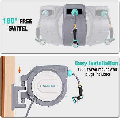 HAUSHOF Retractable Garden Hose Reel 1/2” x 130 ft, Auto-Lock at Any Length, Slow Return System, Wall Mounted and 180° Swivel Bracket for Outside Water