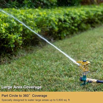 FANHAO Heavy Duty Pulsating Lawn Sprinkler on Spike Base, 100% Metal Impact Sprinkler with Adjustable Spray Pattern for Lawn Yard Irrigation, 360 Degree Large Area Coverage, Covers Up to 5800 sq. ft