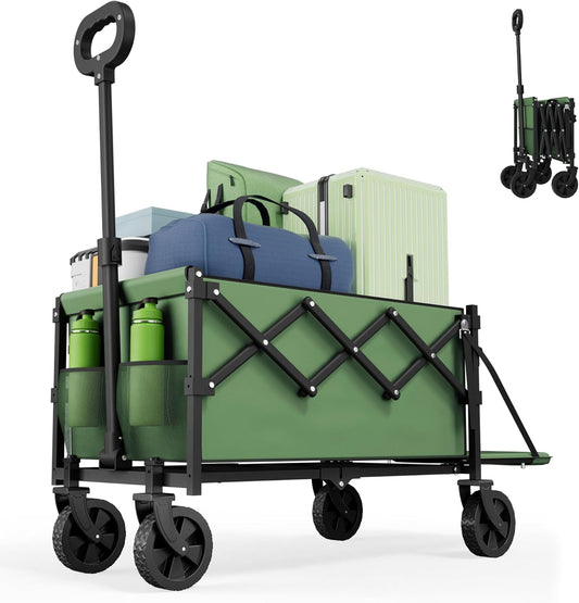 Collapsible Wagon with Tailgate, Wagons Carts Foldable with 350lbs Capacity, Lightweight Portable Utility Wagon Cart for Shopping Camping Sports Garden（Green）