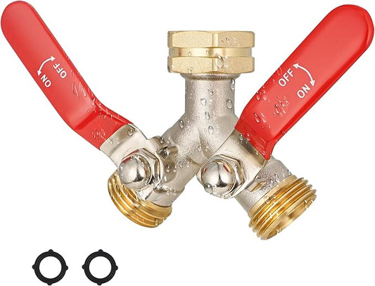EJW Hose Splitter 2 Way, Heavy Duty Brass Garden Hose Splitter, Garden Hose Y-Valve Splitter, Full Flow Hose Splitter Connector, 3/4 Inch GHT Thread,Garden Hose Adapter 2 Way. longhand