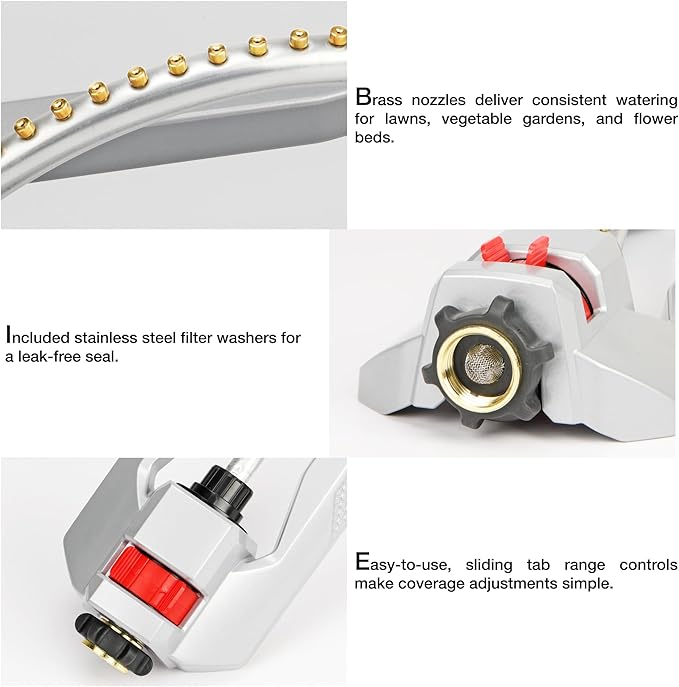 Eden 96218 Heavy Duty Turbo Oscillating Sprinkler, Covers Up to 3,700 sq. ft., 18 Brass Nozzles, Weighted Aluminum Base, Adjustable Range, Quick Connect Bundle, Silver, Red, Black