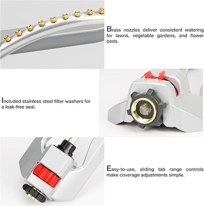 Eden 96218 Heavy Duty Turbo Oscillating Sprinkler, Covers Up to 3,700 sq. ft., 18 Brass Nozzles, Weighted Aluminum Base, Adjustable Range, Quick Connect Bundle, Silver, Red, Black