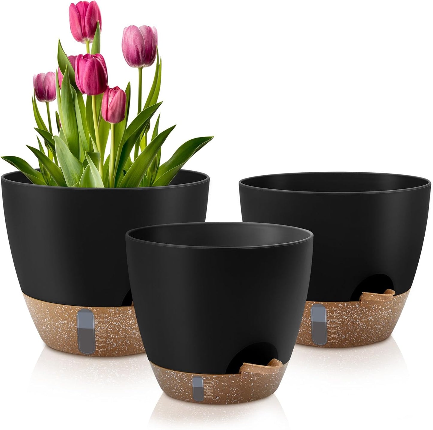 Self-Watering Plant Pots with Water Level Indicator, Drainage Holes & Saucers – 12/10/9 Inch Large Plastic Planter Set for Indoor & Outdoor Plants(Black)