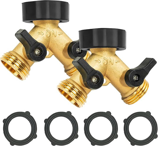 2 Pack Brass Garden Hose Splitter 2 Way, Hose Y Splitter 3/4 Inch Heavy Duty Brass Hose Connector Tap Splitter, Hose Spigot Adapter 2 Valves with Rubber Washers