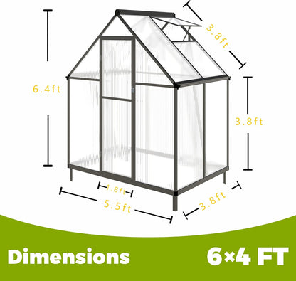 6 x 4 FT Greenhouse for Outdoors,Aluminum Large Walk-in Greenhouse,Dark Gray
