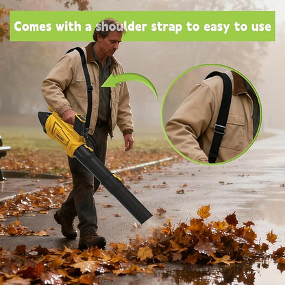 Leaf Blower Cordless Brushless with 6Ah Battery*2 and Charger, Strap, 21V Quiet 6-Speed Electric Leaf Blower with Display for Lawn Care, Leaves & Snow(Yellow)