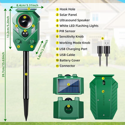 Solar Animal Repellert Outdoor Supplement USB Rechargeable Cat Repeller Outdoor Squirrel Rabbit Fox Adjustable Frequency Deer Repellent Devices with Light and Motion Detection