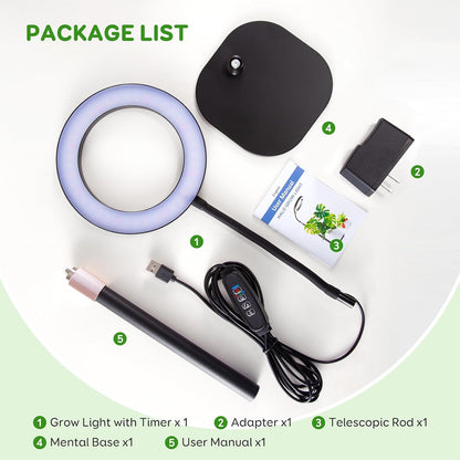 One Head Grow Lights for Indoor Plant Full Spectrum, Desk Halo Plant Lights for Indoor Growing with 3H/9H/12H Timer, 5 Dimmable Levels,Height Adjustable 9.4-23.6",Strong Metal Base Happy Light