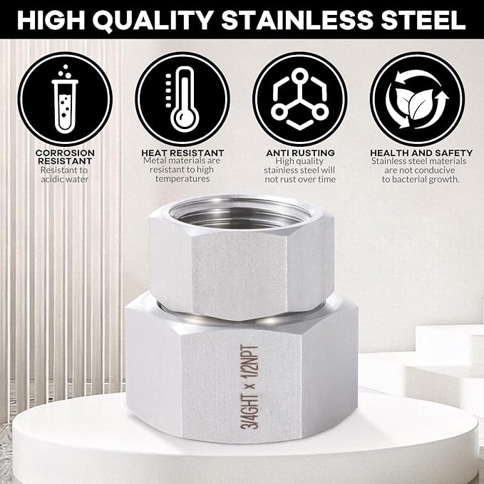 2 Pcs Stainless Steel Garden Hose Fittings Connectors Adapter,3/4" GHT to 1/2" NPT Repair Female to Female Double dual water hose connector, Lead-Free