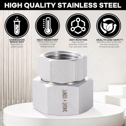 2 Pcs Stainless Steel Garden Hose Fittings Connectors Adapter,3/4" GHT to 1/2" NPT Repair Female to Female Double dual water hose connector, Lead-Free
