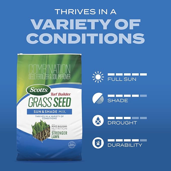 Scotts Turf Builder Grass Seed Sun and Shade Mix with Fertilizer and Soil Improver, Thrives in Many Conditions, 16 lbs.