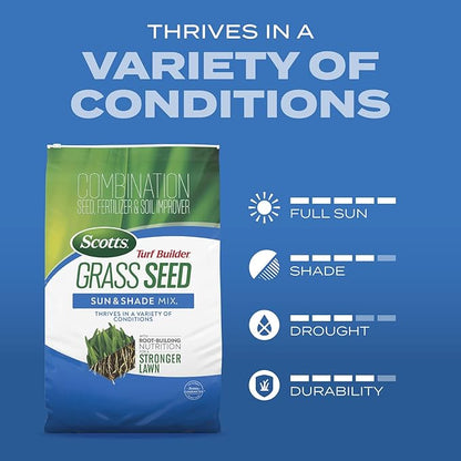 Scotts Turf Builder Grass Seed Sun and Shade Mix with Fertilizer and Soil Improver, Thrives in Many Conditions, 16 lbs.
