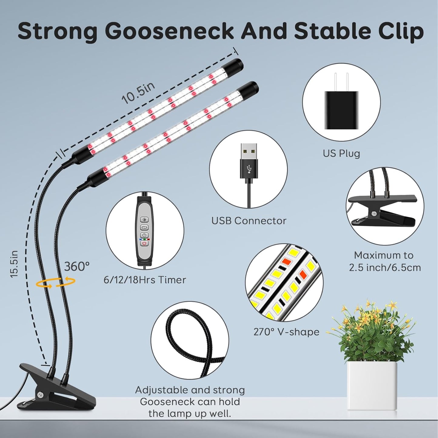 V-Shape Grow Lights for Indoor Plants, 2 Heads LED Full Spectrum Lamps With Clips, 5 Dimmable Levels and 6/12/18H Timer for Growing