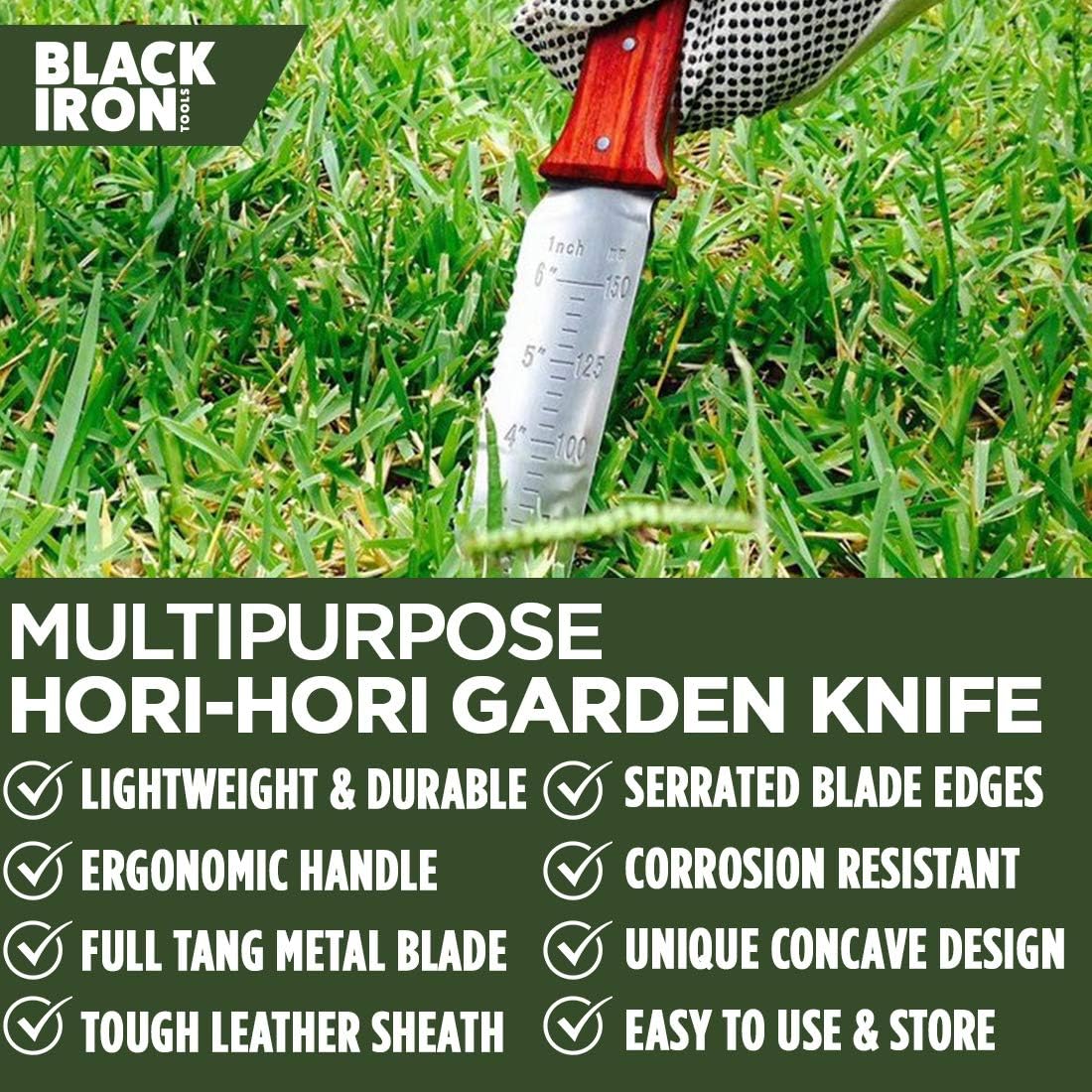 Hori Hori Garden Knife [7 Inches, Japanese Stainless Steel] Durable Gardening Tool for Weeding, Digging, Cutting & Planting with Leather Sheath and Sharpening Stone