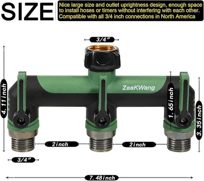 Full Flow Heavy Duty 3 Way Hose Splitter, Rugged Garden Faucet Adapter, Spout Diverter T - Way Adapter with Extended Handle, 3/4” GHT Thread, Green