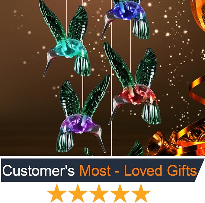 JOBOSI Hummingbird Decor Gifts, Solar Hummingbird (3.5 * 4.5in) Wind Chimes Lights, Mothers Day Wind Chime Gift, Gifts for mom, Women, Grandmother, Outdoor Garden Lawn Yard Decor