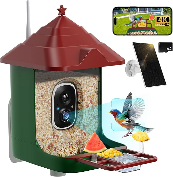 Smart Bird Feeder with Camera, Solar Panel & 5200mAh Battery, 4K HD Video, AI Identification, Instant Arrival Alerts & Alarm, IP65 Weatherproof, 32GB Card, 2L Capacity, Bird Lover’s Smart Companion