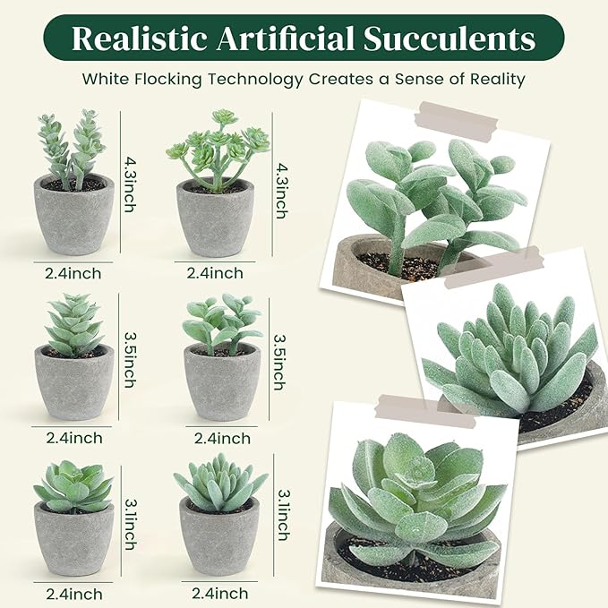 DomeStar 6PCS Small Fake Plants, Artificial Succulents Plants for Home Office Bathroom Kitchen Decor Green