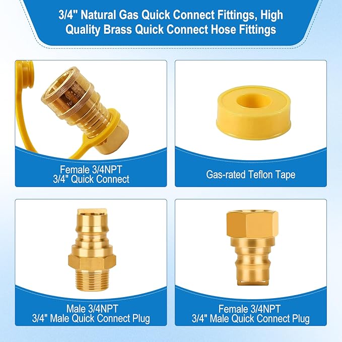 3/4" Natural Gas Quick Connect, Hose Quick Connect,Natural Gas Quick Connect Fittings, Heavy-Duty Brass Large Flow Quick Disconnect for Commercial Kitchen Equipment, Generator Etc Gas Equipment