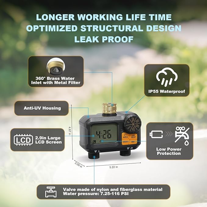 Water Timer for Garden Hose - 2 Zone Timed Sprinkler with Rain Delay/Manual Watering/Automatic Irrigation Programmable Faucet Timer for Yard Lawn