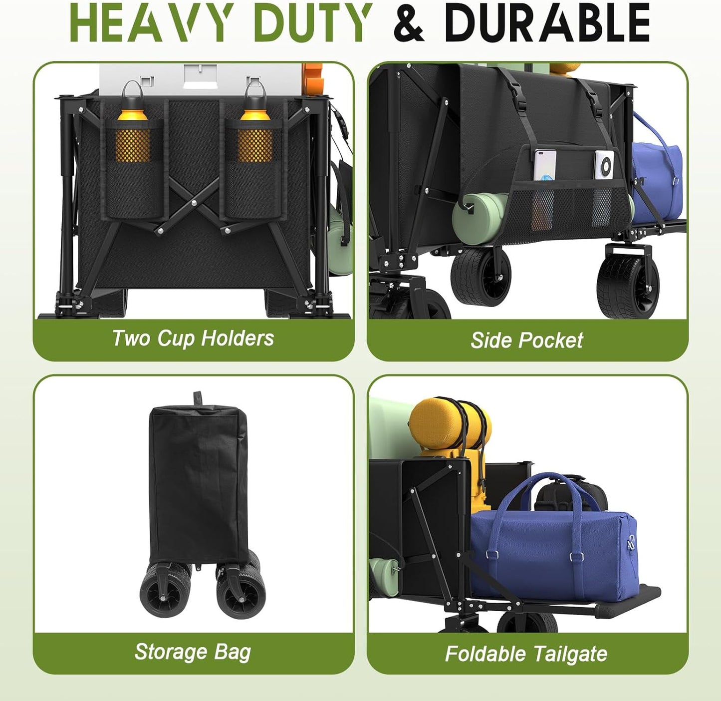 ZENPETIO 49" Collapsible Wagons Carts Foldable with Tailgate, 300L Heavy Duty Folding Wagon Cart with Big All-Terrain Beach Wheels, 360 LBS Capacity Portable Utility Wagon for Garden Outdoor Camping