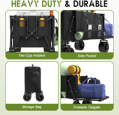 ZENPETIO 49" Collapsible Wagons Carts Foldable with Tailgate, 300L Heavy Duty Folding Wagon Cart with Big All-Terrain Beach Wheels, 360 LBS Capacity Portable Utility Wagon for Garden Outdoor Camping