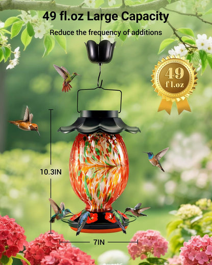 Solar Hummingbird Feeder - 49 fl.oz Hand Blown Glass Color Changing - 7 Feeding Ports with Perch - Never Leak - Perfect Hummingbird Feeder